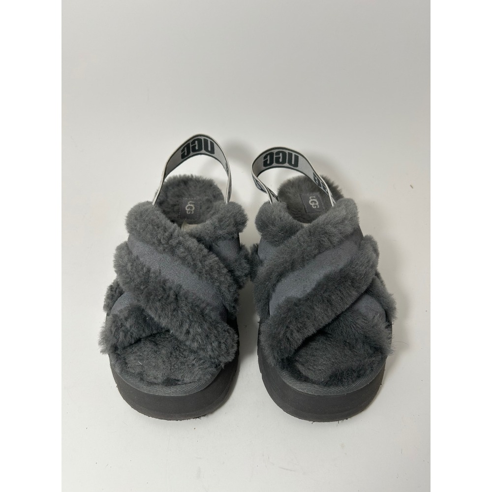 UGG Fluffita Charcoal Grey Sheepskin Logo Slingback Platform Slide Sandals 6